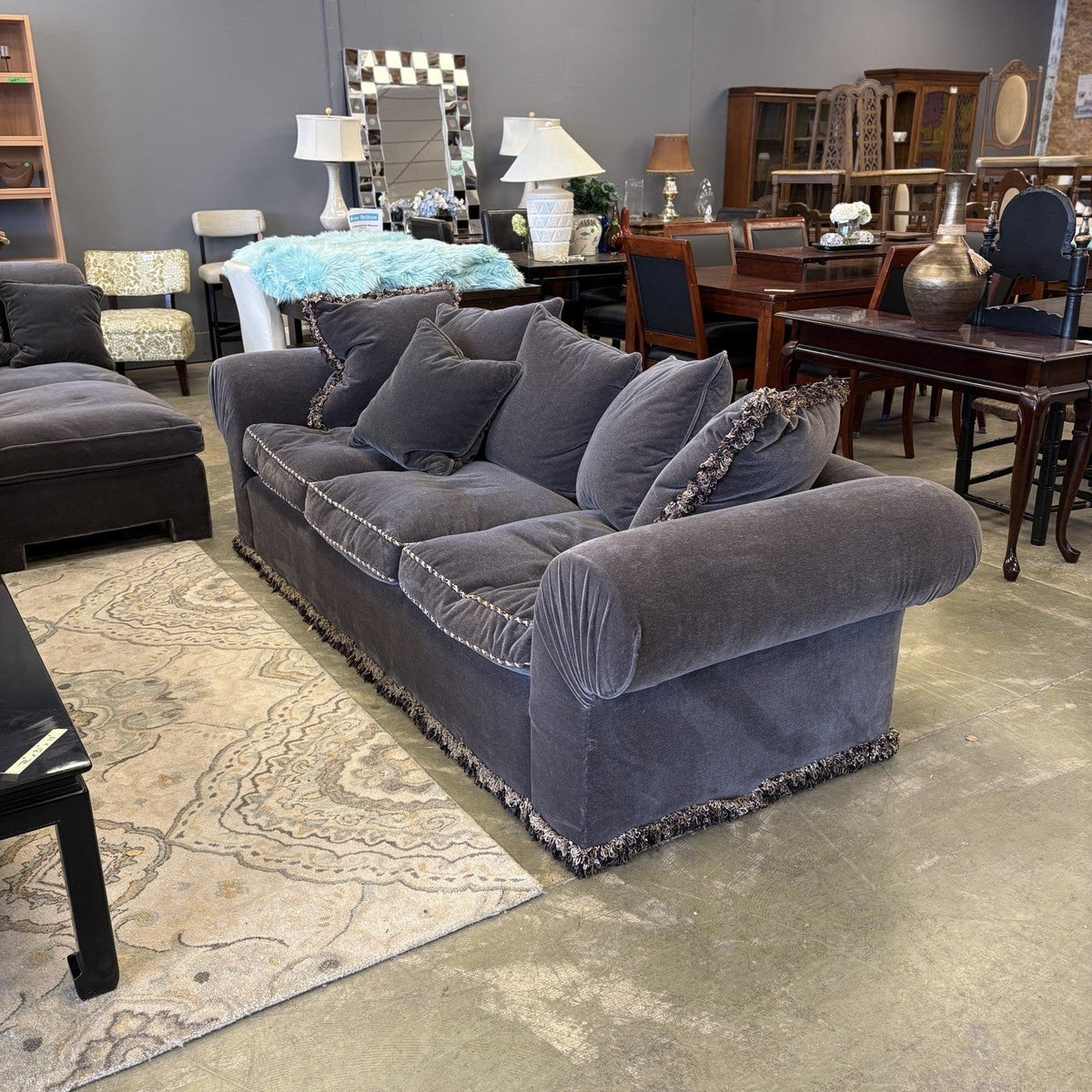 100-INCH GREY VELVET SOFA WITH DECORATIVE ROPE