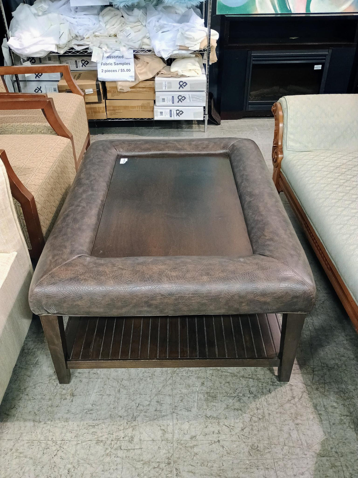 46x34x22-Inch – Dark Wood & Leather-Trim Coffee Table w/ Shelf