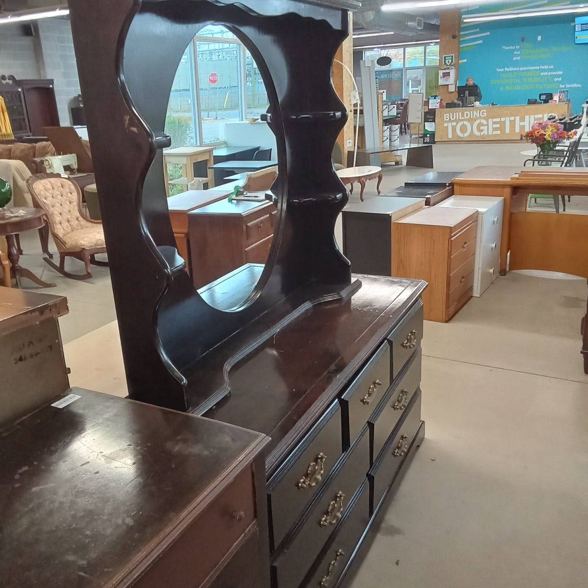 59.5"W 7-Drawer Dark Wood Dresser with Mirror