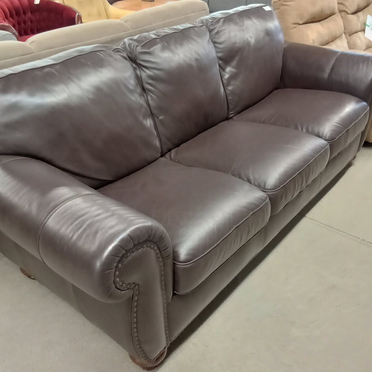 90"W Brown Leather 3-Seat Sofa