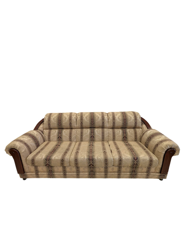 Patterned Upholstered Sofa with Wooden Arm Accents