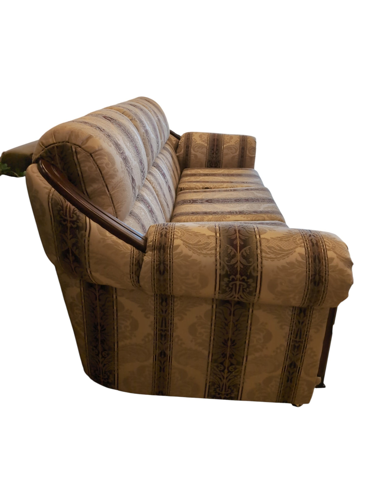 Patterned Upholstered Sofa with Wooden Arm Accents