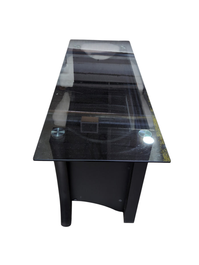 Glass TV Stand with Black Base & Lower Shelf