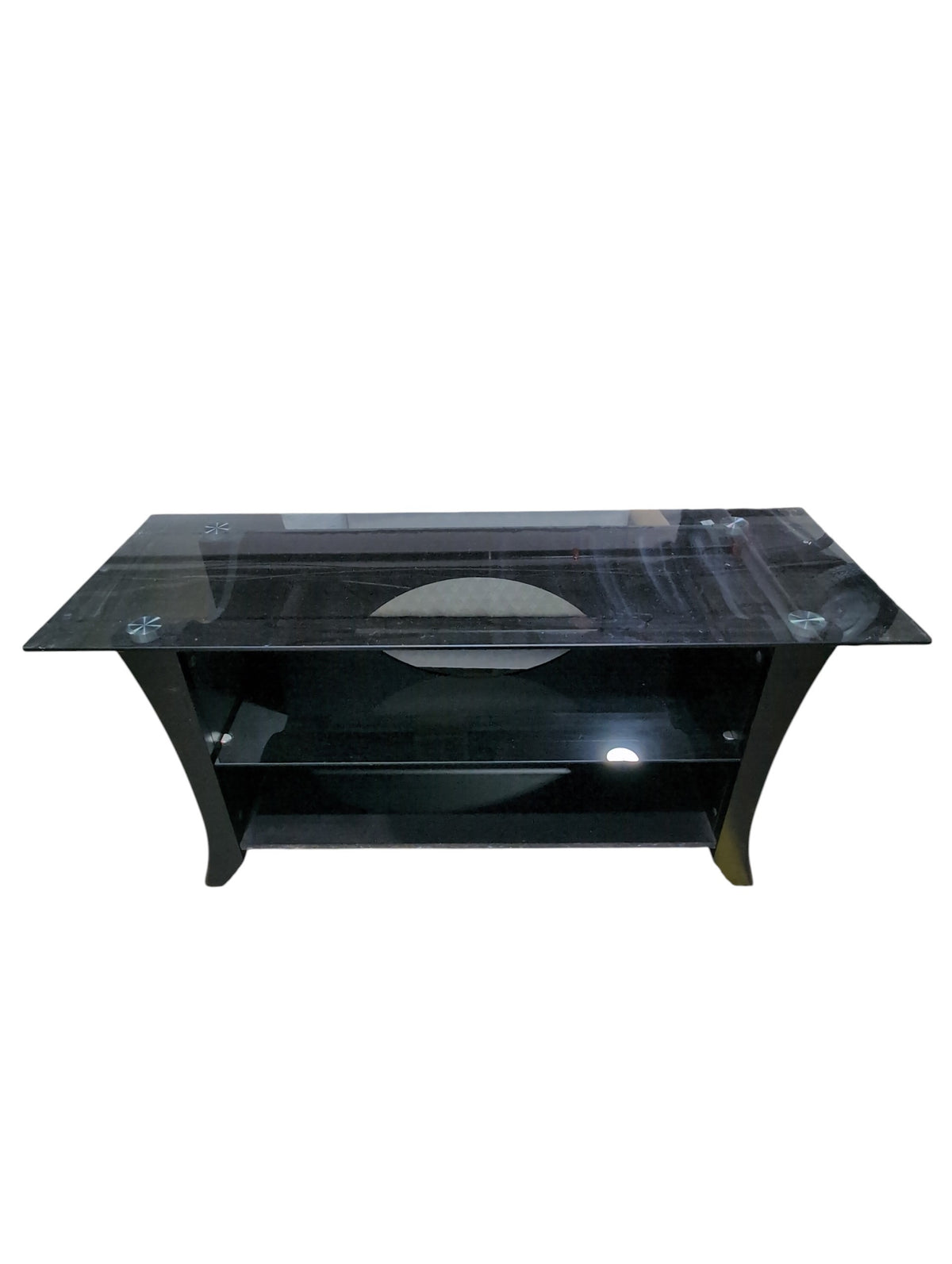Glass TV Stand with Black Base & Lower Shelf