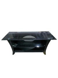 Glass TV Stand with Black Base & Lower Shelf