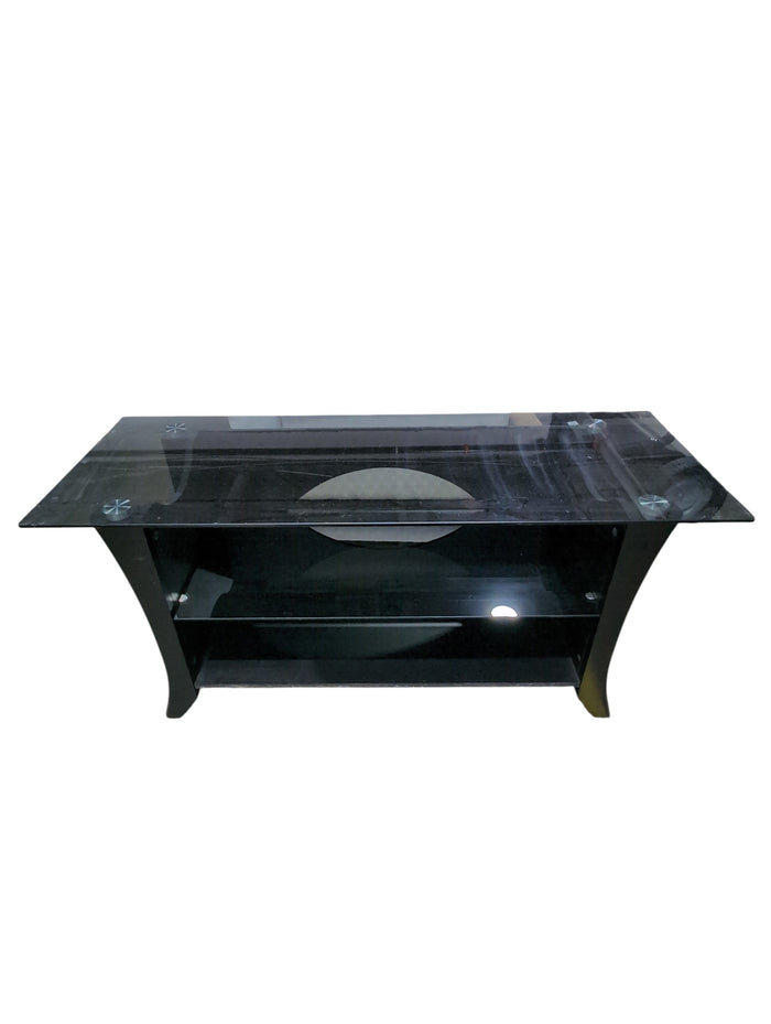 Glass TV Stand with Black Base & Lower Shelf