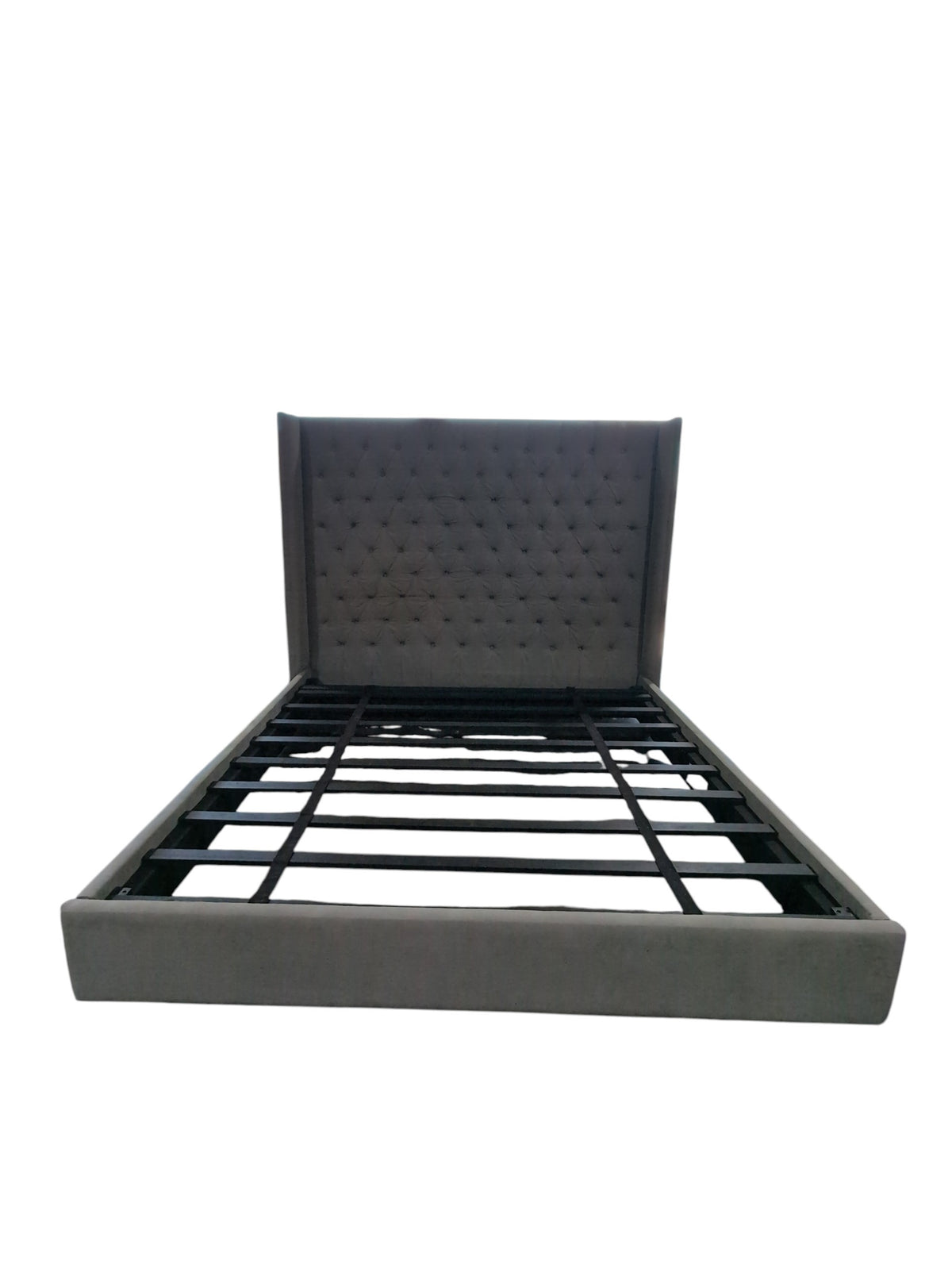 Grey Upholstered Platform Bed Frame w/ Wingback Tufted Headboard - King Size (As is)