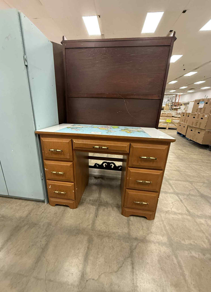 Light Wood Finish Desk with Laminated World Map