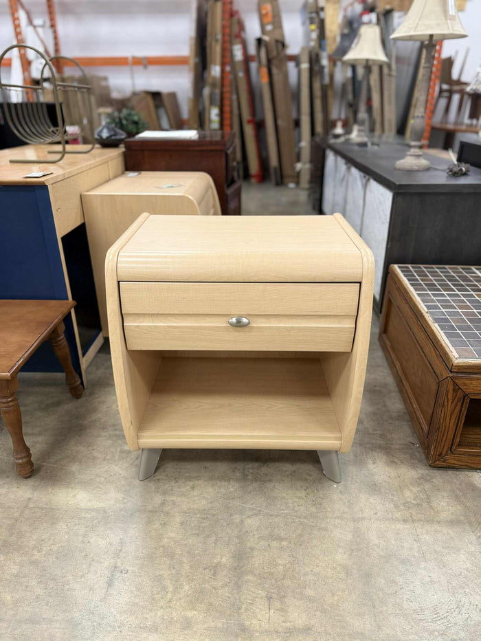 Light Colored Wooden Nightstand with Single Drawer