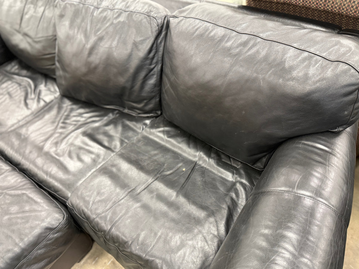 Black 3-Seater Leather Sofa w/ Ottoman