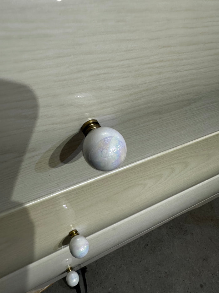 64"W 6-Drawer Dresser with Rounded Mirror – Light Wood Finish