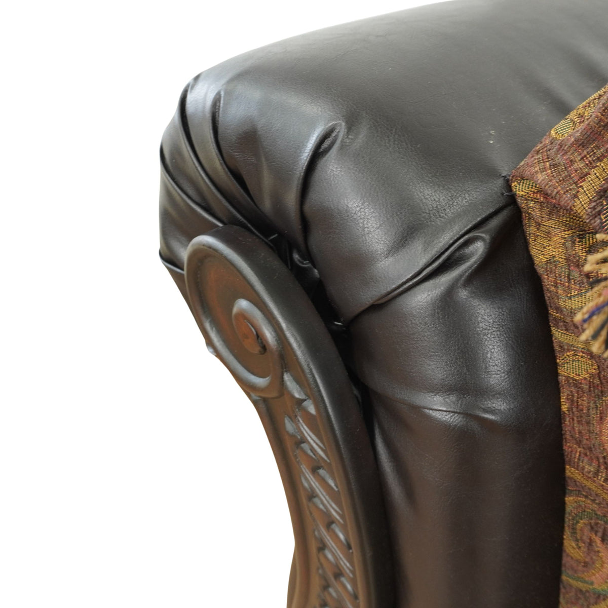 Heritage Chaise Lounge in Brown Fabric with Leather and Carved Wood Finish