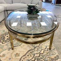 54.5-Inch W Oval Coffee Table – Brushed Brass Frame with Glass Insert