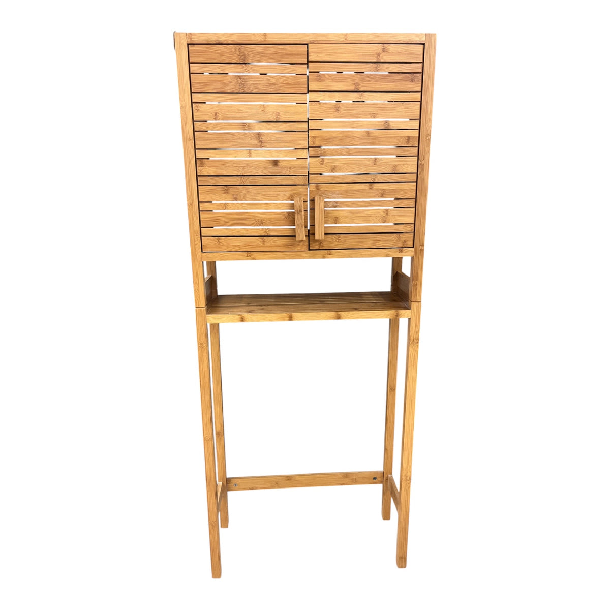 Natural Bamboo Slatted Storage Cabinet with Open Shelf