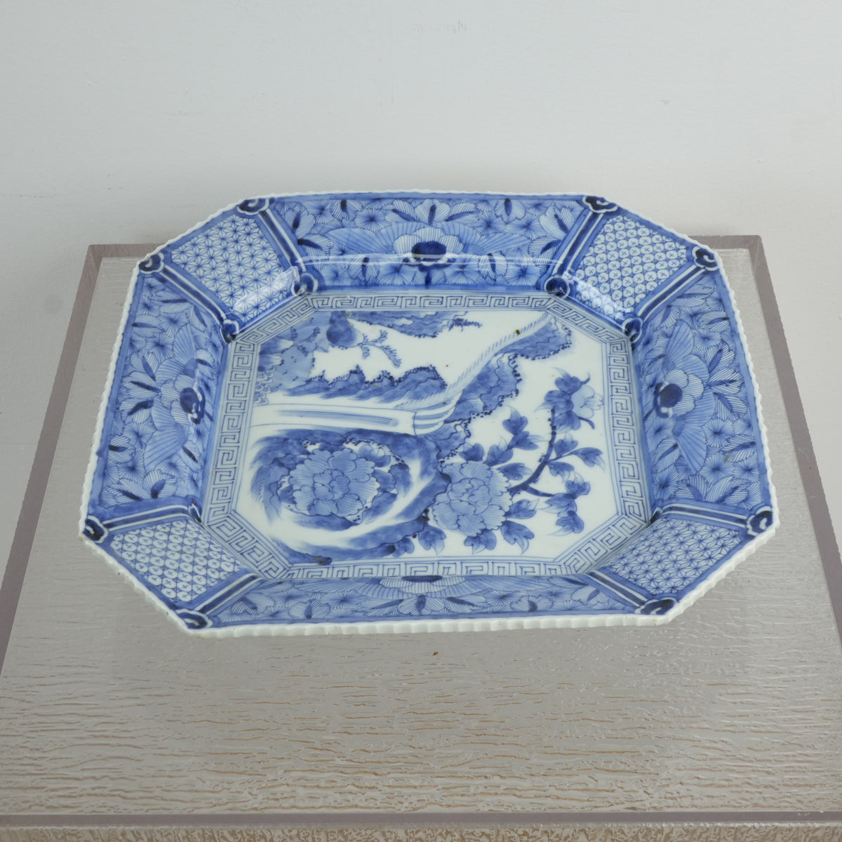 14-inch Antique Japanese Porcelain Blue and White Octagonal Plate