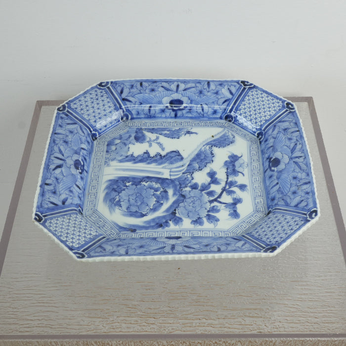 14-inch Antique Japanese Porcelain Blue and White Octagonal Plate