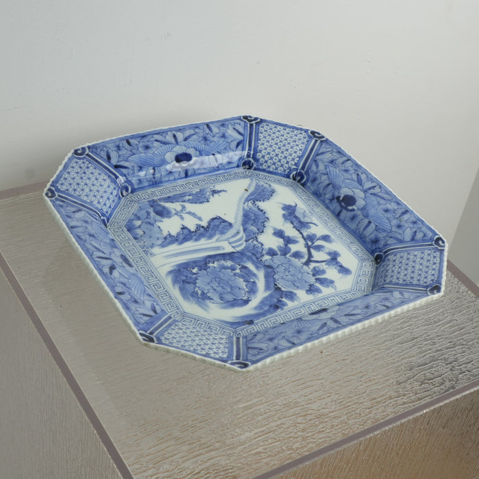14-inch Antique Japanese Porcelain Blue and White Octagonal Plate