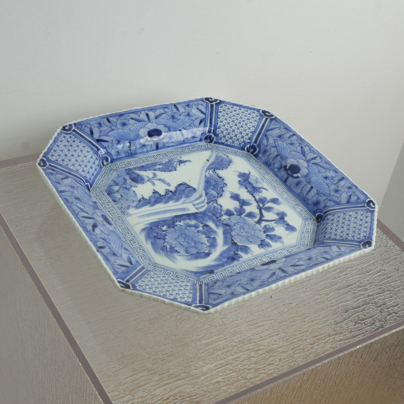 14-inch Antique Japanese Porcelain Blue and White Octagonal Plate