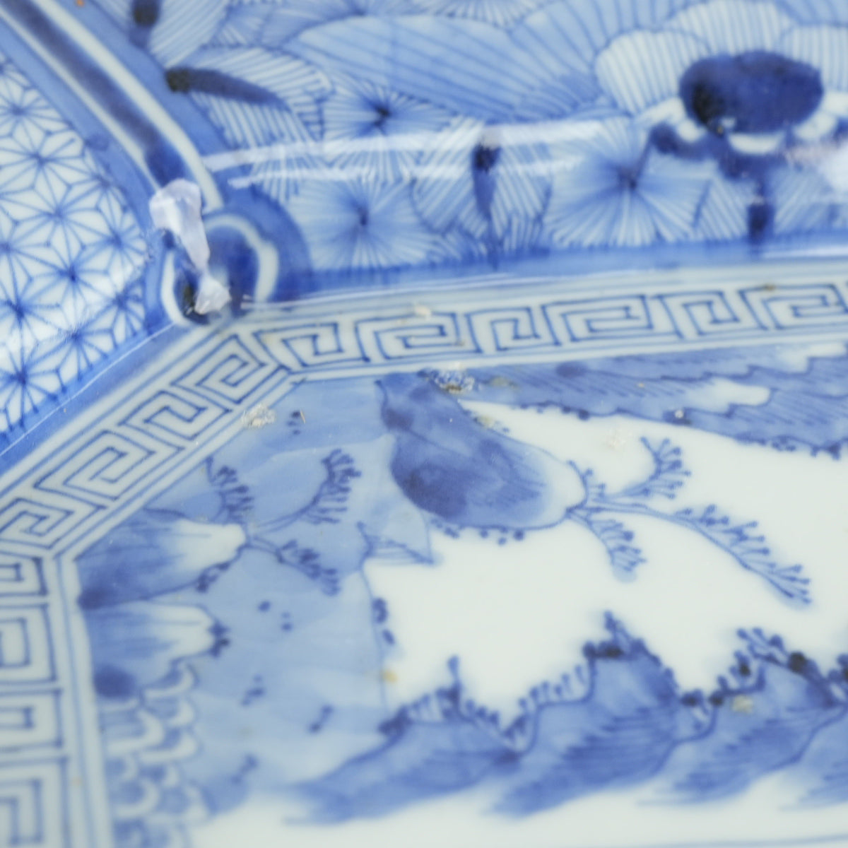 14-inch Antique Japanese Porcelain Blue and White Octagonal Plate
