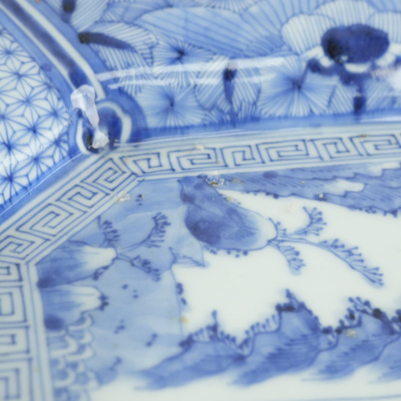 14-inch Antique Japanese Porcelain Blue and White Octagonal Plate