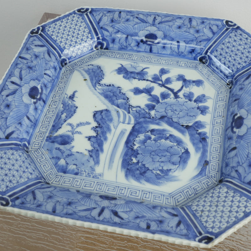 14-inch Antique Japanese Porcelain Blue and White Octagonal Plate