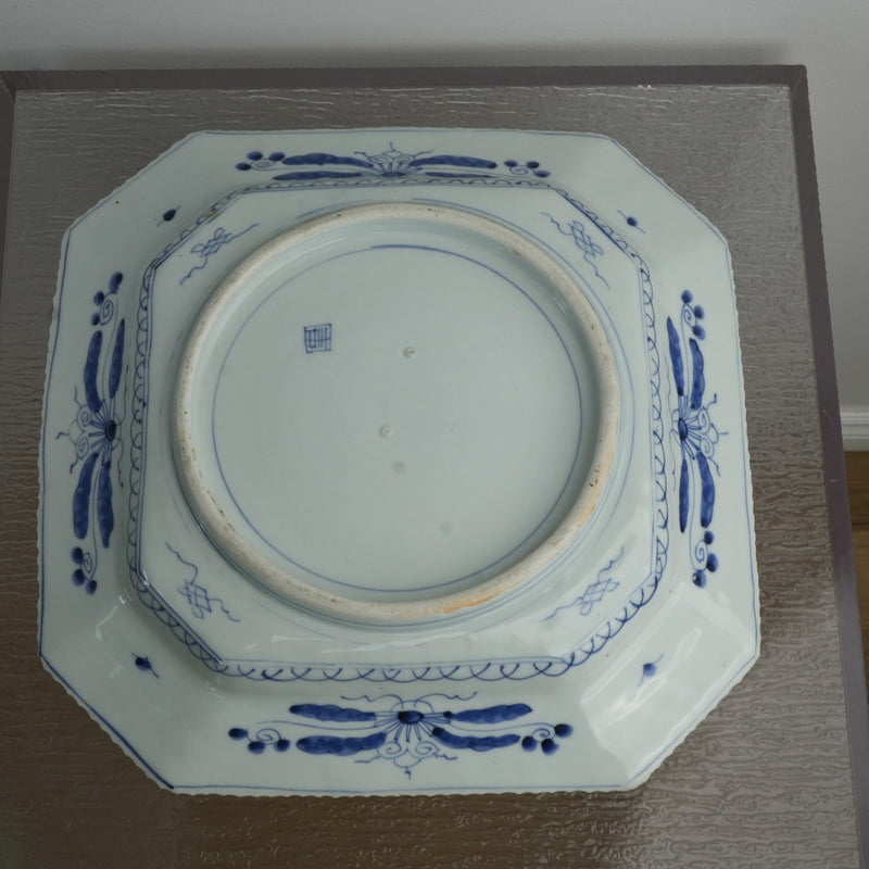 14-inch Antique Japanese Porcelain Blue and White Octagonal Plate