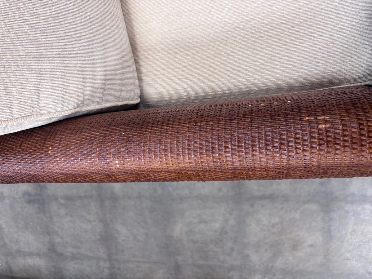 Wicker-Frame Chair with Beige Cushions