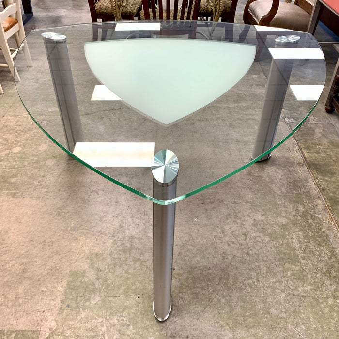 57-Inch Triangular Glass Dining Table – Frosted Center with Metal Legs