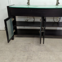63"W Double-sink Ebony Vanity w/ Aqua Green Glass Countertop
