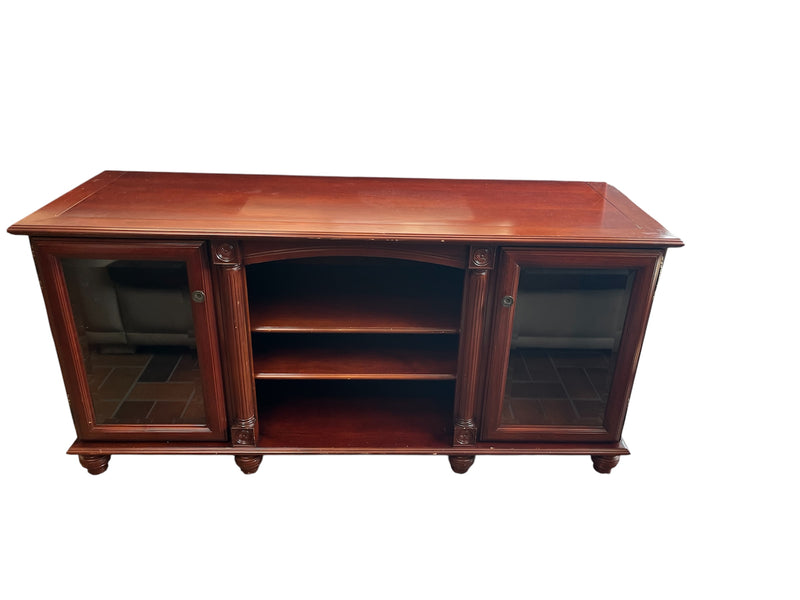 Cherry Wood Media Console Table With Glass Door Cabinets