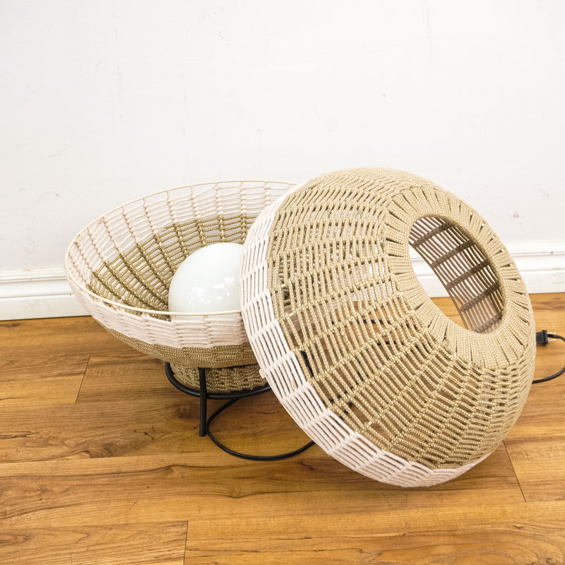 18-Inch Round Weaved Basket Floor Lamp in Beige and White