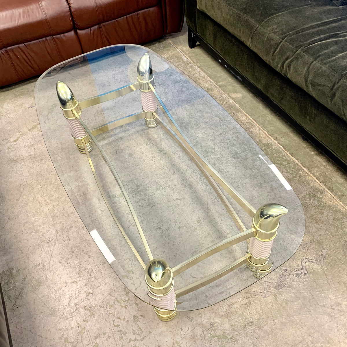 52-Inch W Vintage Italian Coffee Table – Glass Top with Brass Frame