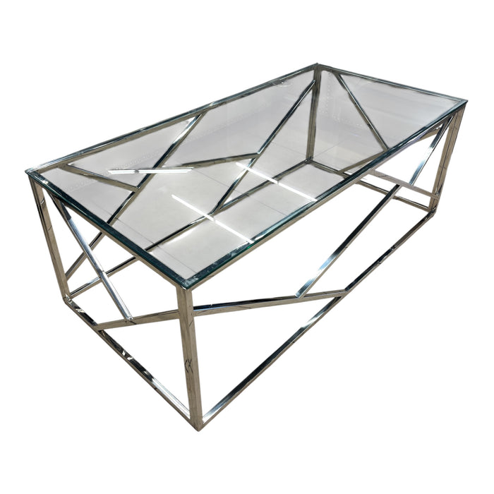 Modern Geometric Glass Coffee Table w/ Chrome Metal Frame
