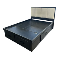 Black Platform Storage Bed with Upholstered Panel Headboard
