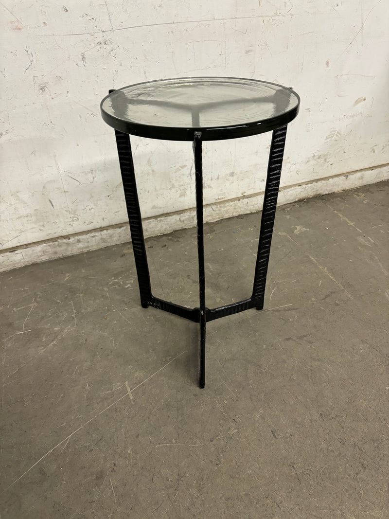 Benjara Lune 22 Inch Plant Stand Table, 3 Legged Metal Base, Glass, Black Finish