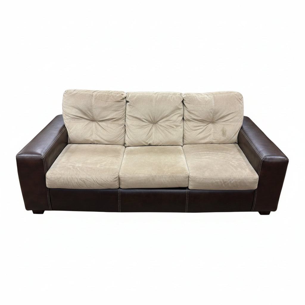 3-Seater Beige Sofa with Faux Leather Base