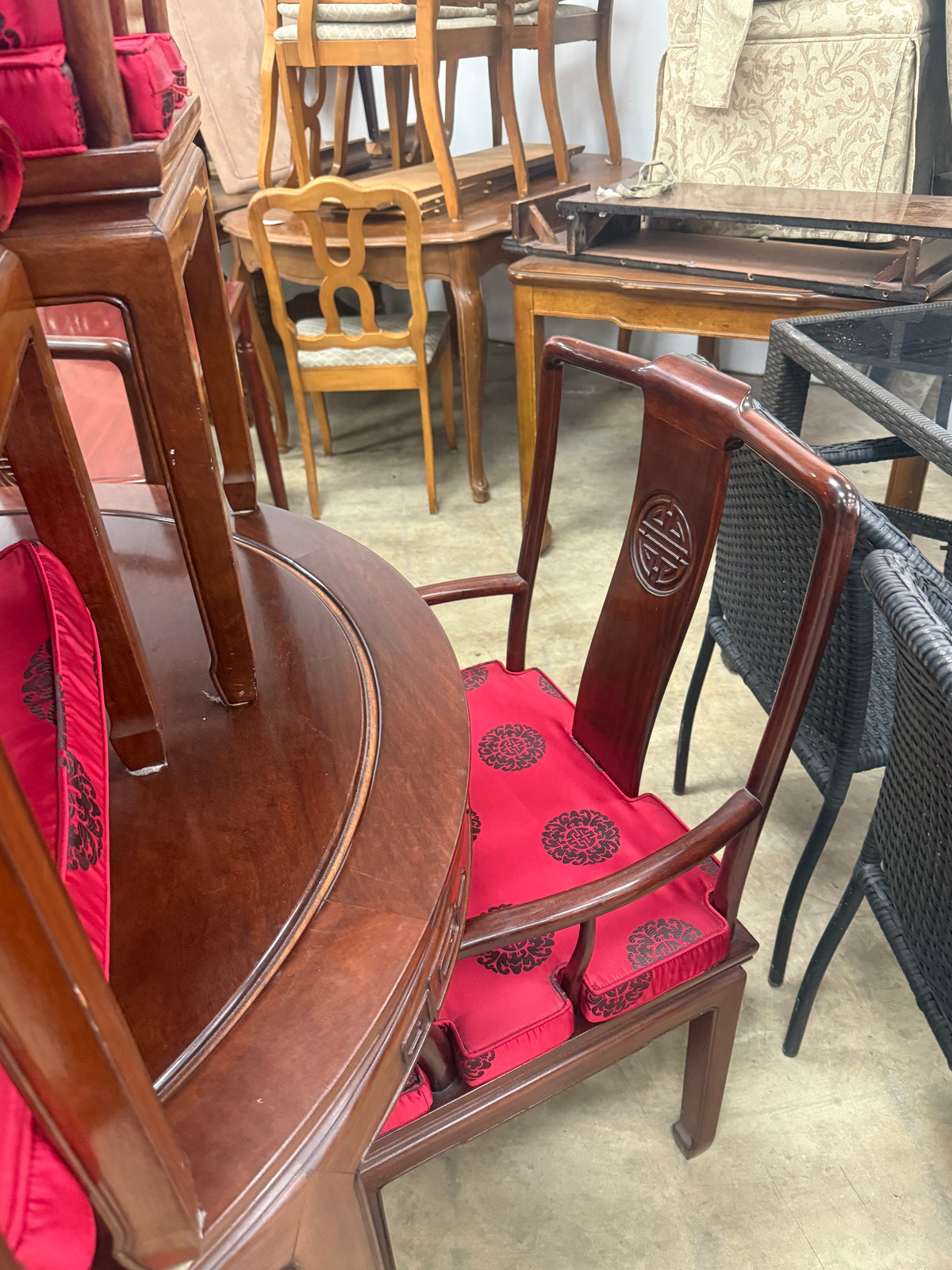 Vintage Chinese Dark Wood Round Dining Set