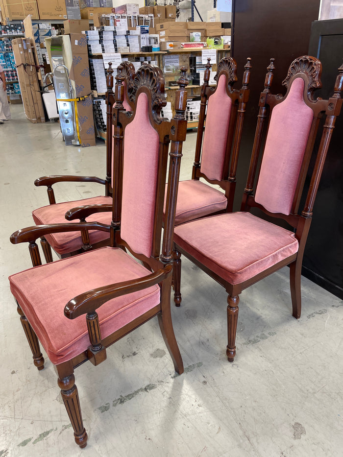 Set of 4 Dining Chairs - 2 Armchair, 2 Armless, Dusty Pink Velour Fabric