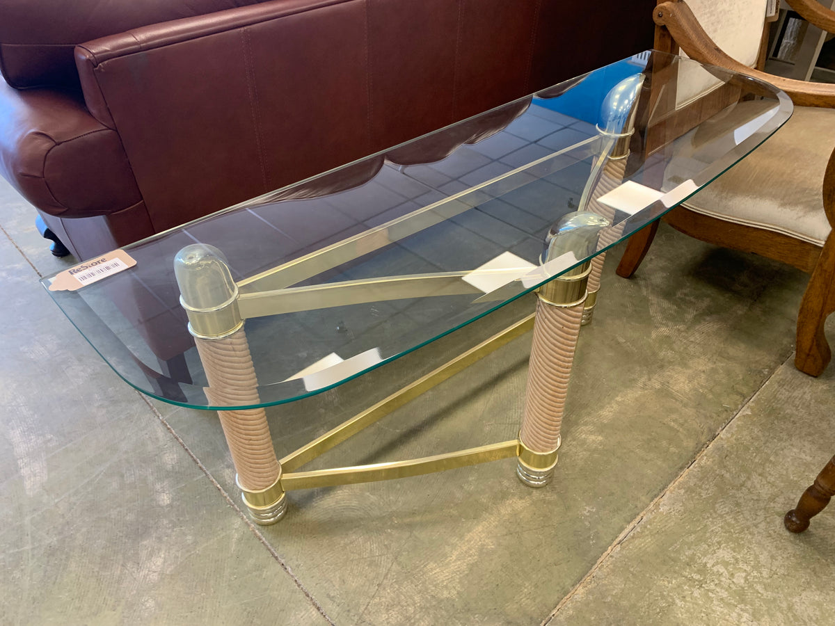 53-Inch W Vintage Italian Console Table – Glass Top with Sculptural Brass Frame