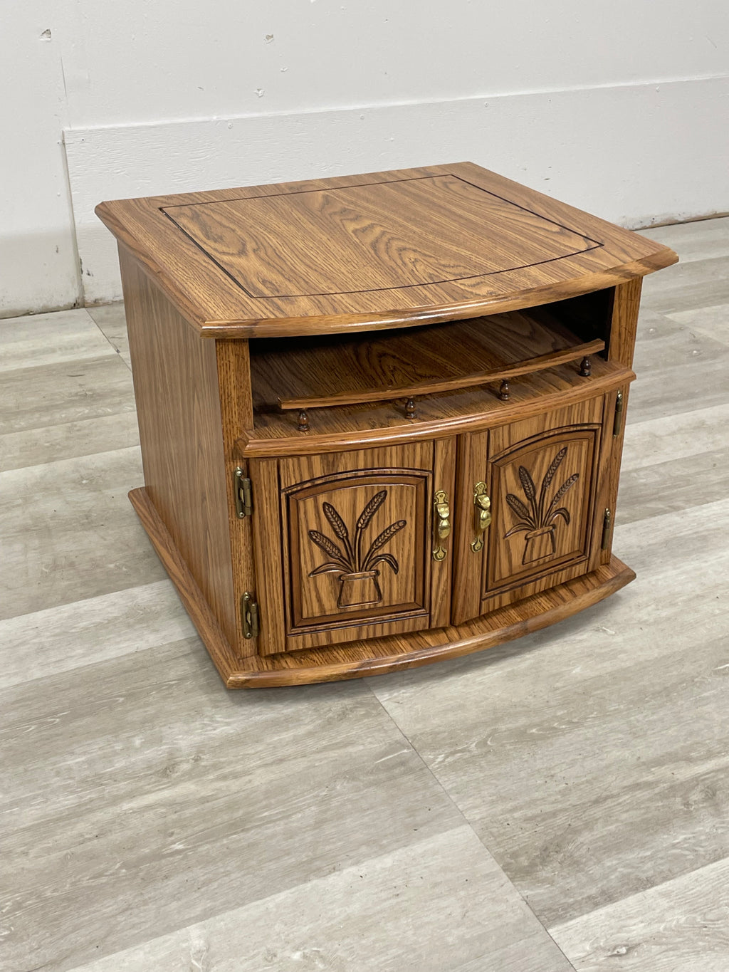 Solid Wood Side Table With Plant Design