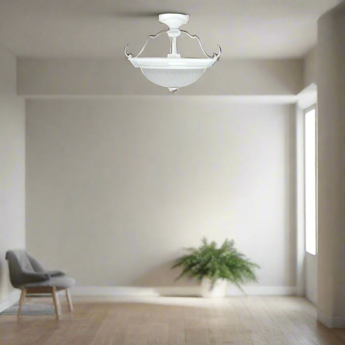 2-Light Semi Flush Mount in White Finish with Frosted Swirl Glass, 15” Dia.