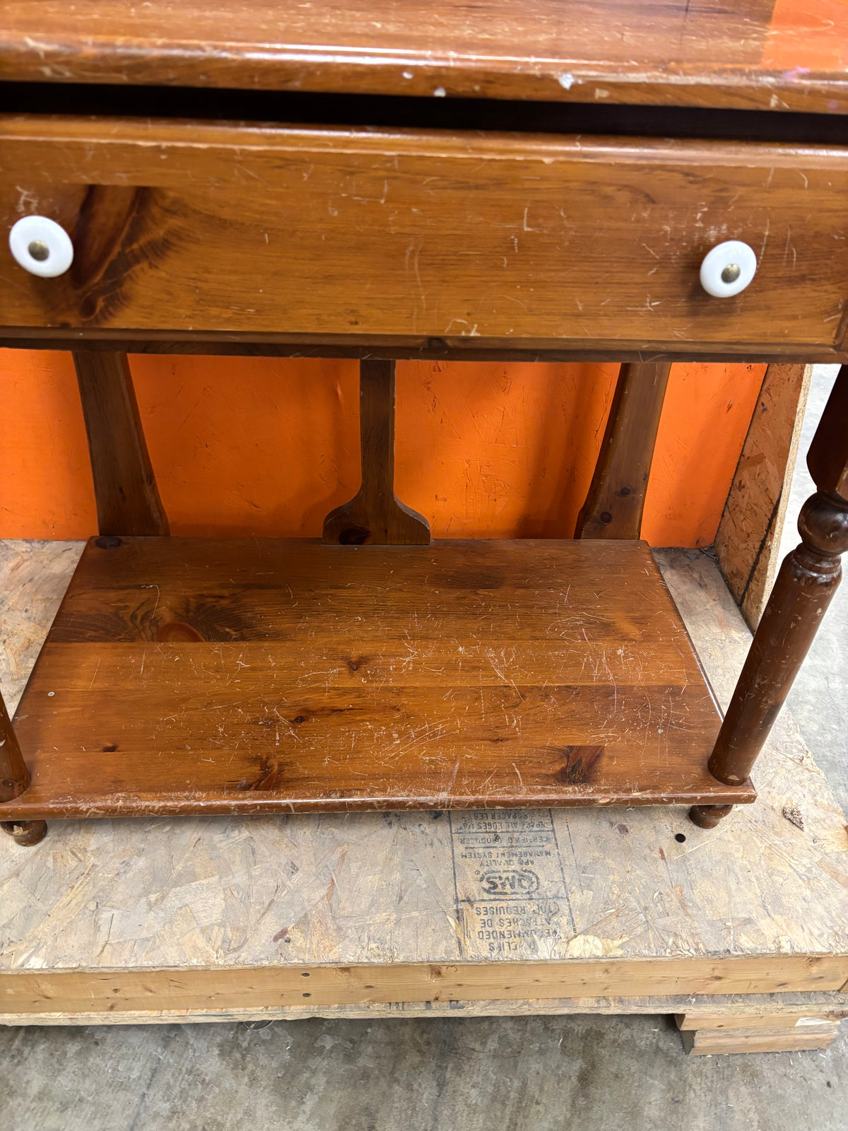 Large Wooden Hall Tree with Oval Mirror