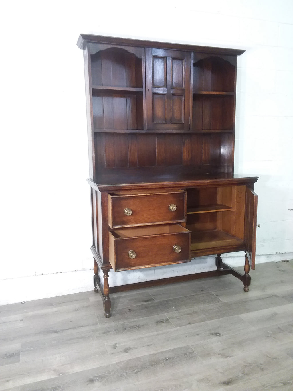 Antique Style Two-Piece Solid Oak Hutch