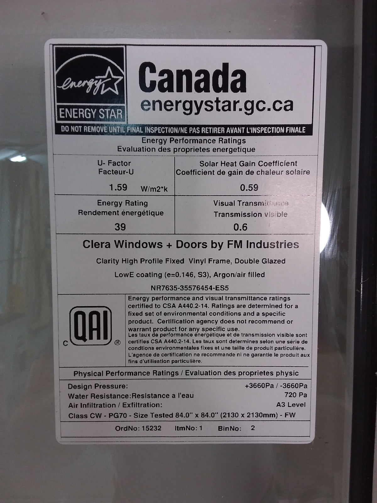 53.75in x 64.25in Clera Fixed Window