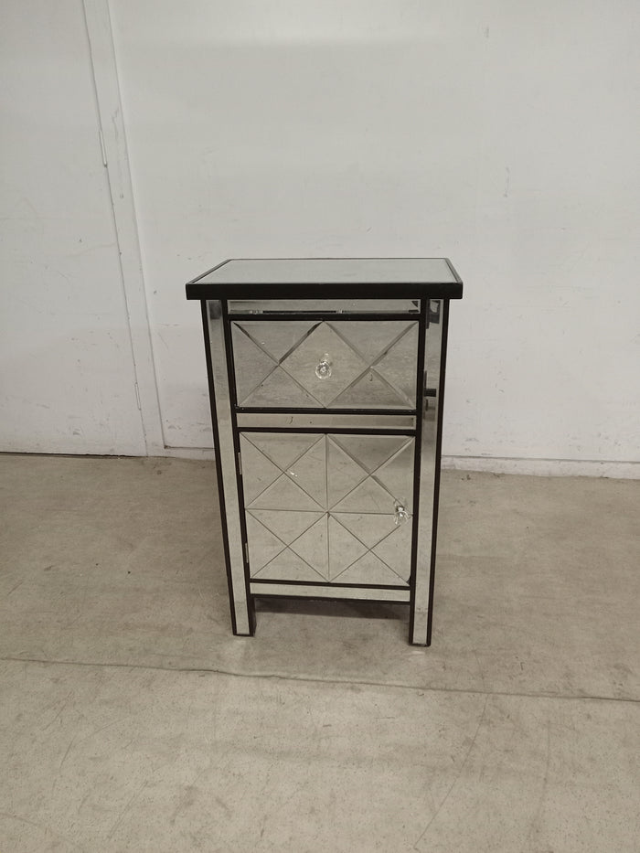 32.7" Black Wood Tall Accent Cabinet with Mirror Drawer and Door