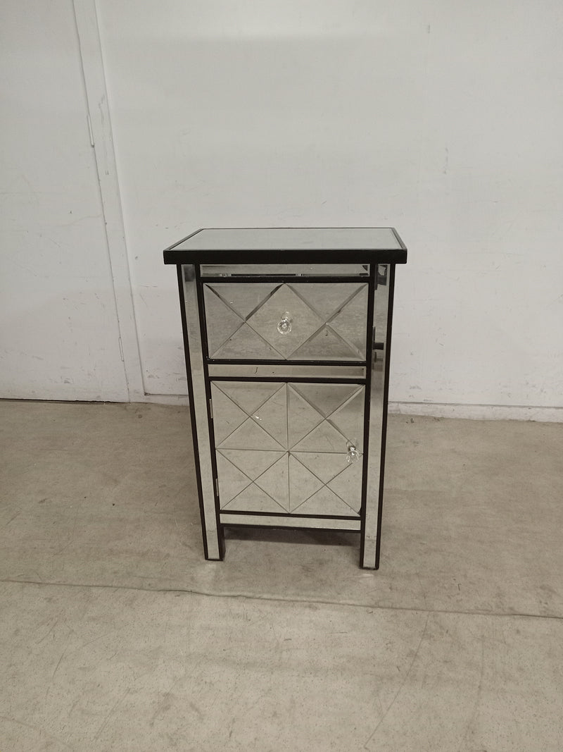 32.7" Black Wood Tall Accent Cabinet with Mirror Drawer and Door