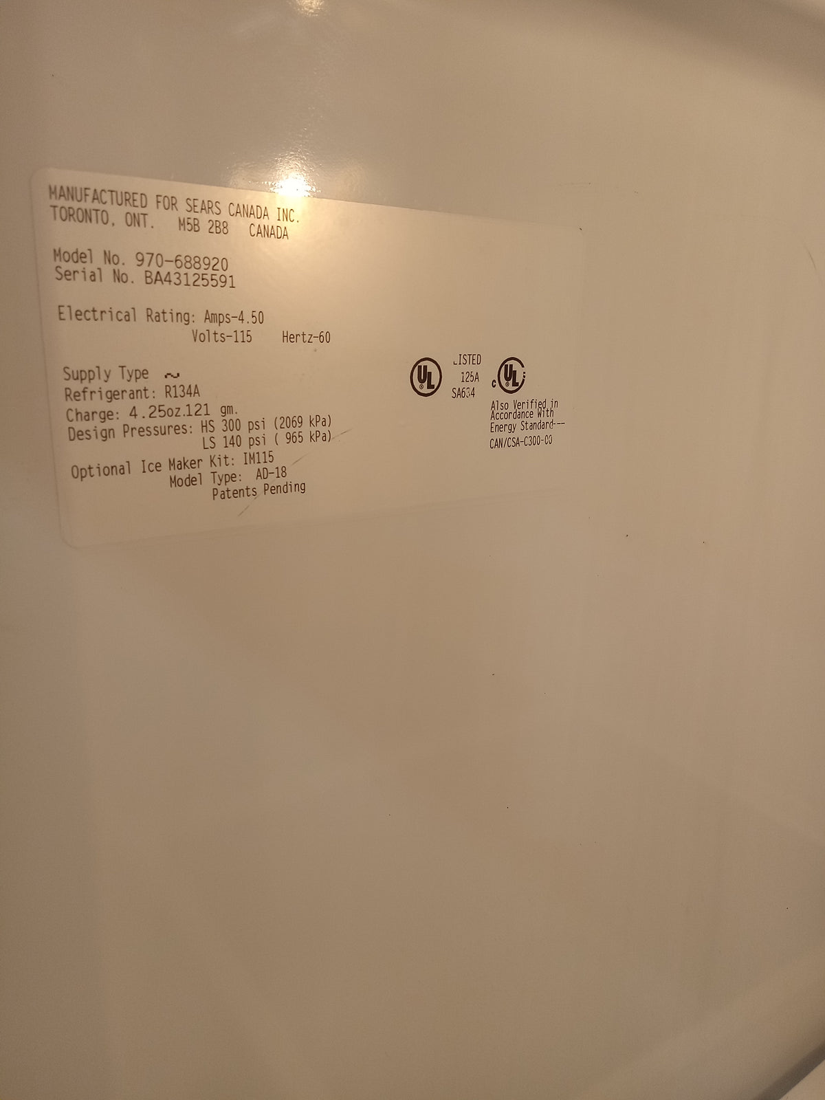 65" Kenmore White Refrigerator
