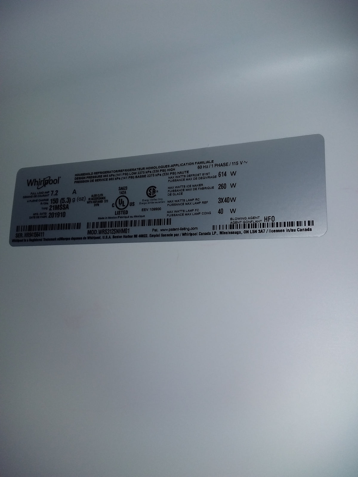 Whirlpool Stainless Steel French Fridge / Freezer