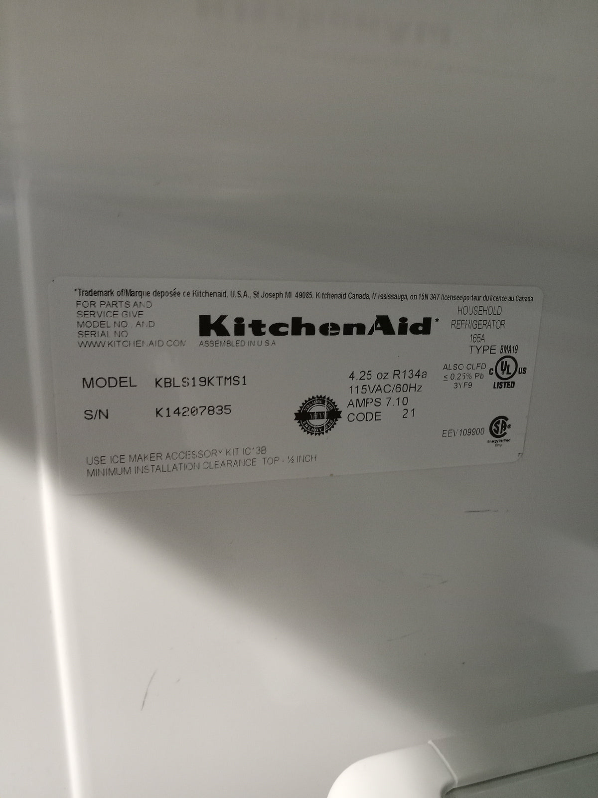29.5"W Stainless Steel Kitchen Aid Refrigerator