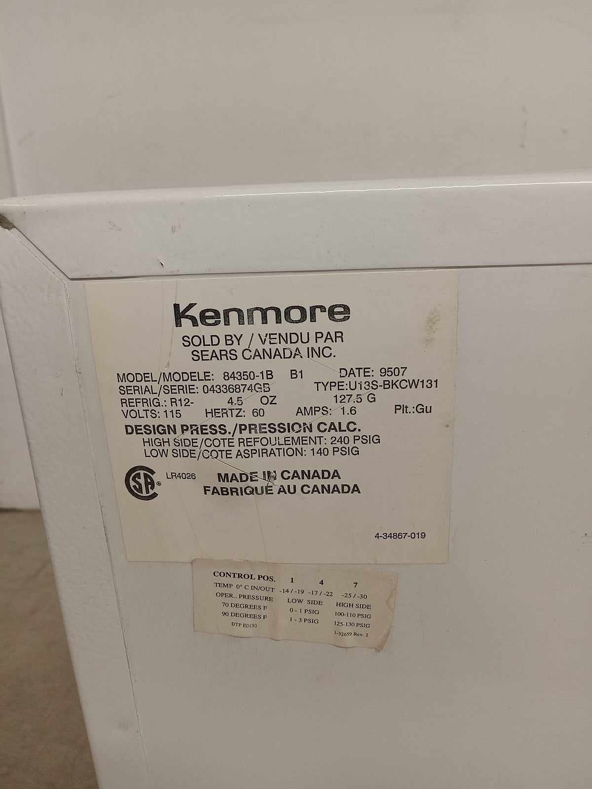 22"W White Kenmore Freezer